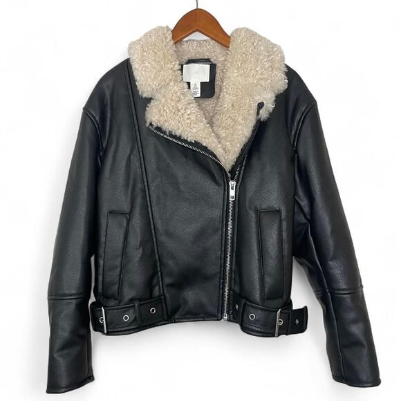 H&M Black Faux Leather Teddy Jacket Cream Shearling Lined Faux Fur Trim Sz Small - Picture 2 of 8